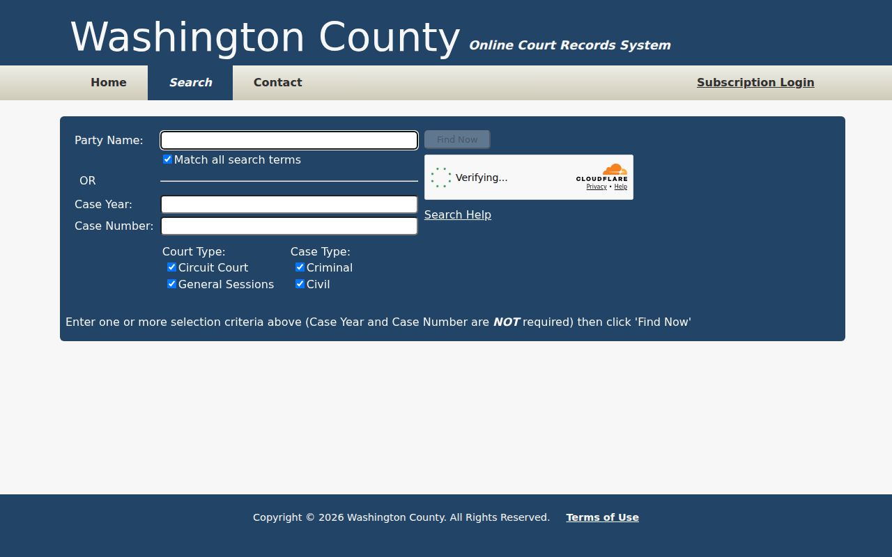 Washington County court docket case search fields