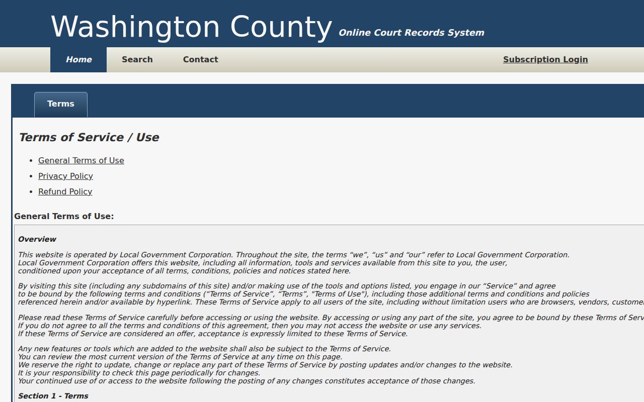 Washington County court record access terms