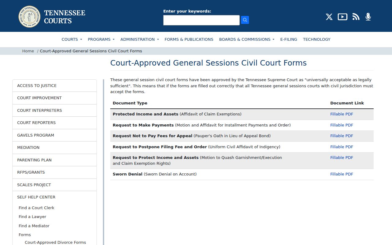 Washington County civil docket official Tennessee civil forms page