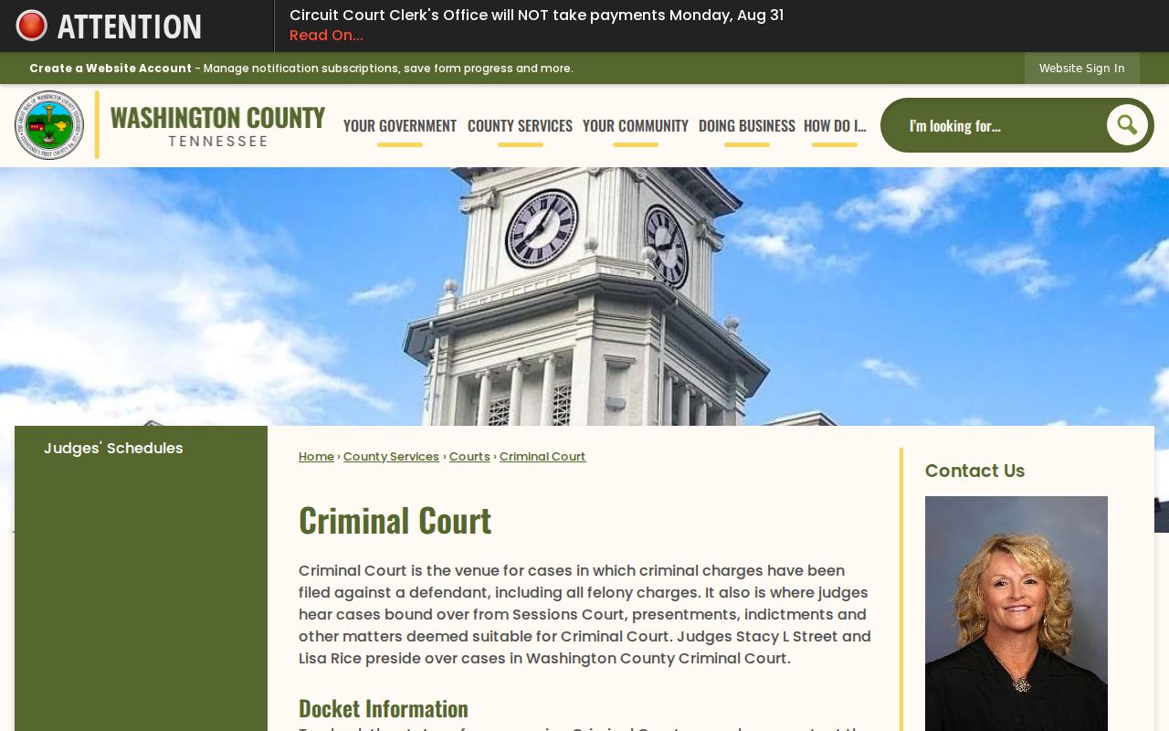 Washington County criminal docket Criminal Court contact page
